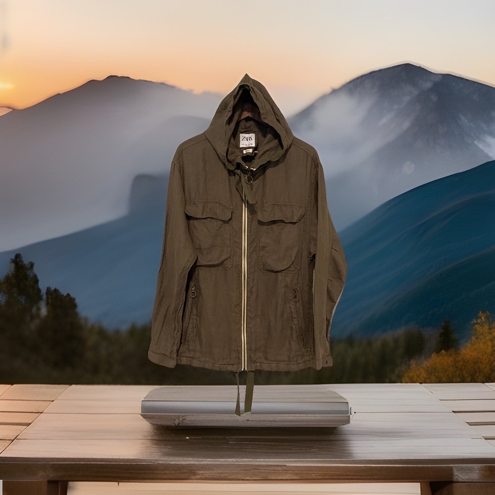 Zara Hooded Tech/Utility chore Jacket‎ Unisex M Olive  Full Zip 100% Linen